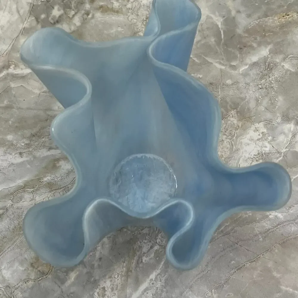 Art Glass Vase Opalescent Blue White Ruffled Handkerchief Murano Style